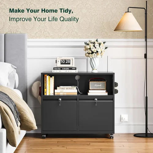 Miniatura 9 de Archivador de metal con 2 cajones con cerradura, gabinete archivador con soporte para impresora móvil y estantes para archivos de tamaño Negro