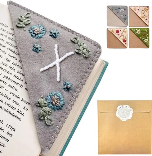 Miniatura 102 de Marcapáginas de esquina bordado a mano personalizado, 26 letras con costura a mano de fieltro, marcapáginas de esquina con bordado de flores lindo