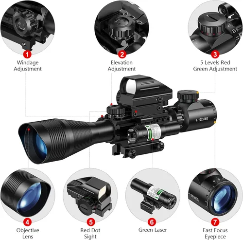 Miniatura 2 de MidTen Riflescope Combo 4-12x50EG Óptica Doble Iluminada & IIIA/2MW Laser Sight & 4 Retícula holográfica Rojo/Verde Punto Mira y 0.787 in Montaje