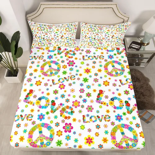 Miniatura 8 de Juego de ropa de cama de flores Groovy de los años 70, sábana bajera ajustable de flores de arco iris para niños y niñas, sábanas de ropa de cama