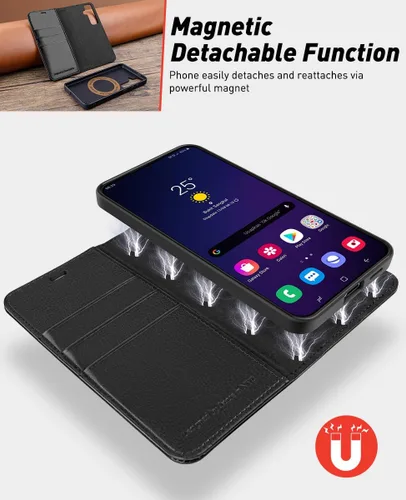 Miniatura 4 de OCASE Funda tipo cartera desmontable para Samsung Galaxy S24 con tarjetero [2 en 1] Funda de piel sintética con bloqueo RFID, soporte magnético Negro