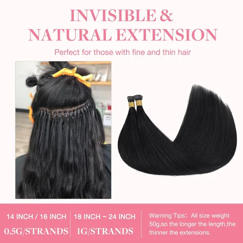 Miniatura 3 de GOO GOO I Tip - Extensiones de cabello humano real, 20 pulgadas, 1.76 oz, 50 S, extensiones de cabello Remy invisible, 1 negro azabache