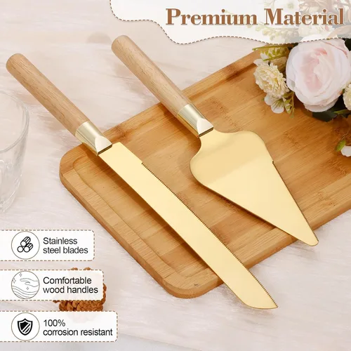 Miniatura 3 de Juego de corte de pastel dorado para boda, juego de cuchillo de pastel de madera y servidor, juego de corte de pastel rústico de 2 piezas, cubiertos