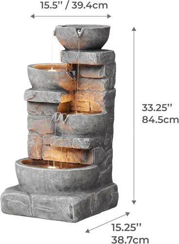 Miniatura 10 de Teamson Home Fuente de Agua LED para Exteriores de 33.25 pulgadas con Tazones en Cascada y Piedras Apiladas para Jardines, Paisajismo, Patios, Gris