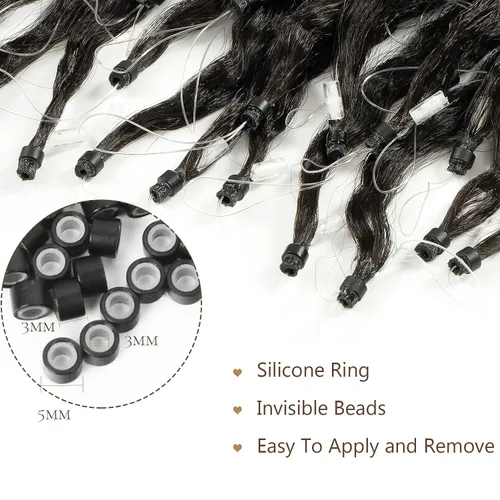Miniatura 6 de Extensiones de cabello humano con micro anillo, lacio, rizado, color negro natural, largo microenlaces, extensiones de cabello humano para personas