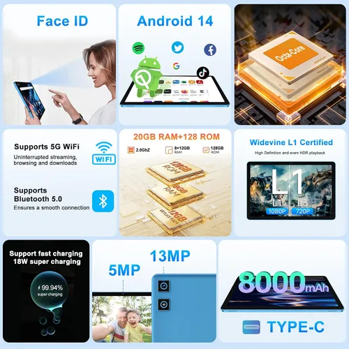Miniatura 2 de DMOAO Tablet 2025 Tablet Android 14 de 11 pulgadas con 128 GB + 20 GB de almacenamiento grande, Octa-Core 2.0Ghz, 8000mAh, carga rápida de 18 W
