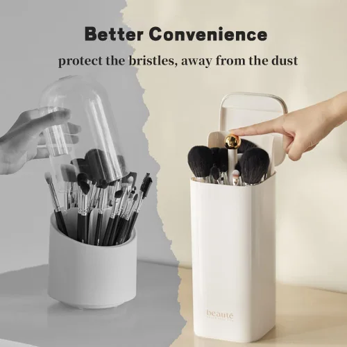 Miniatura 4 de Soporte de cepillo de maquillaje de elevación automática con tapa a prueba de polvo organizadores cosméticos para tocador-blanco