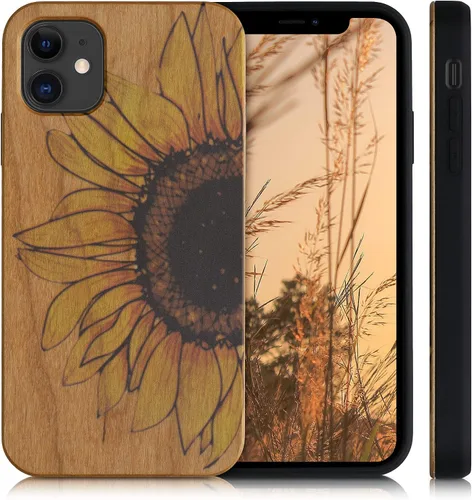 Miniatura 4 de kwmobile Funda de madera compatible con Apple iPhone 11, diseño de girasol, amarillo y marrón oscuro, marrón claro