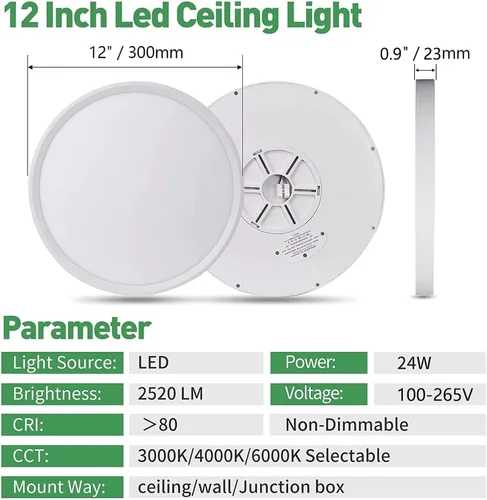 Miniatura 4 de Paquete de 4 luces LED de techo empotradas de 12 pulgadas, 24 W, 2500 lm, 3000 K/4000 K/6000 K CCT seleccionables, luces redondas de panel plano