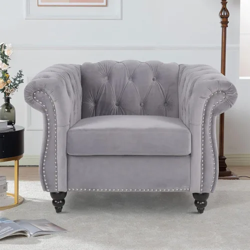 Miniatura 10 de LEVNARY Sillón Chesterfield de Terciopelo, Sillón Individual de Estilo Moderno de Mediados del Siglo con Respaldo de Botones y Decoración con Beige