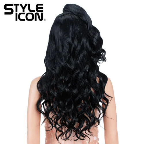 Miniatura 4 de Style Icon - Peluca de encaje frontal negra con parte libre, estilo U, de 24" de largo, ondulada con flequillo, sintética, resistente a altas 1