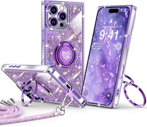 Miniatura 32 de XYZ Funda para iPhone 13, con purpurina brillante con soporte de corazón de 2 anillos y cordón, funda protectora a prueba de golpes con diamantes