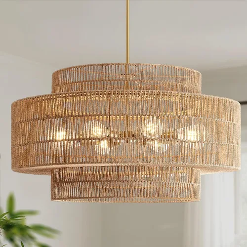 Miniatura 17 de 12.4” Candelabro de ratán boho, 1 luz, lámpara colgante tejida a mano, lámpara colgante rústica de estilo granja para isla de cocina, recámara