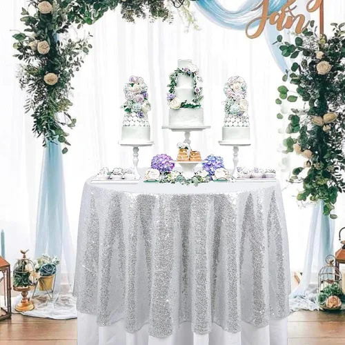 Miniatura 17 de ShinyBeauty Mantel de lentejuelas rosa intenso, superposición redonda brillante de 120 pulgadas para decoración de bodas, fiestas de cumpleaños