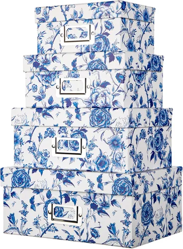 Miniatura 14 de Briful Juego de 2 cajas de almacenamiento de porcelana azul y blanca con tapas, elegantes cubos organizadores de anidación floral, juego de cajas