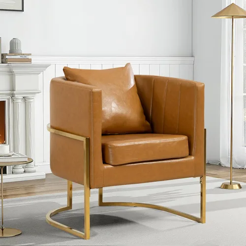 Miniatura 25 de Silla moderna de cuero, sillón tapizado de mediados de siglo con almohada para sala de estar, cómoda silla de tocador individual con patas doradas