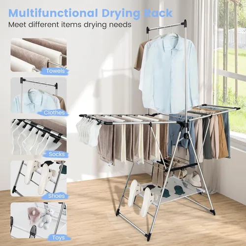 Miniatura 5 de Giantex Estante de secado de ropa, estante de secado de ropa plegable con altura ajustable de 6 niveles, diseño de colgador alto, clips laterales