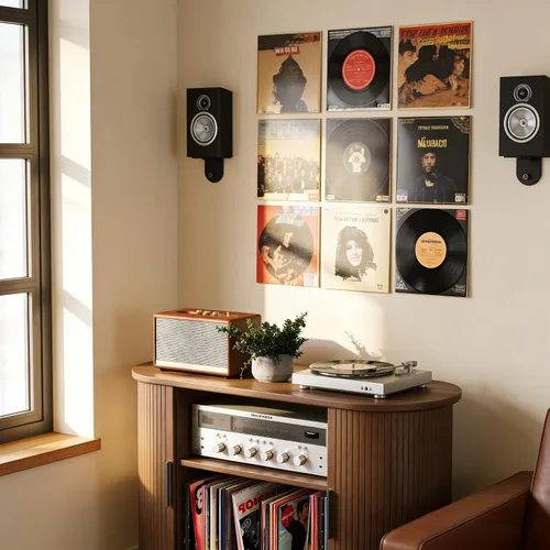 Miniatura 8 de Soporte para tocadiscos, mueble moderno de mediados de siglo con puertas correderas, gabinete de estantería de audio-video, soporte de medios