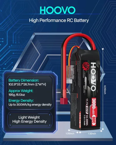 Miniatura 3 de HOOVO Batería Lipo 3S, 11.1 V, 3000 mAh, 80C, estuche blando con enchufe en T estilo Dean para automóvil, camión, buggy, rastreador, avión, barco