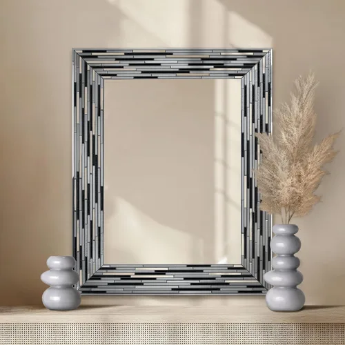 Head West Espejo de tocador de mosaico negro con azulejos estriado de 24"x30" para pared de baño, espejo de vidrio rectangular impreso para sobre