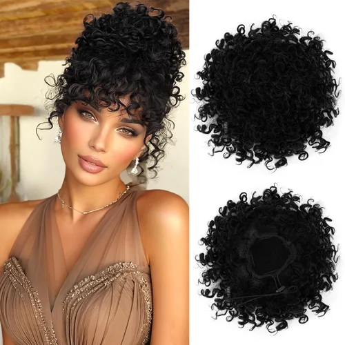 Miniatura 14 de PEACOCO Extensión de Cola de Caballo Corta y Rizada Moño Desordenado con Cordón Elástico Moño de Cabello Suelto para Mujeres con Cabello Delgado