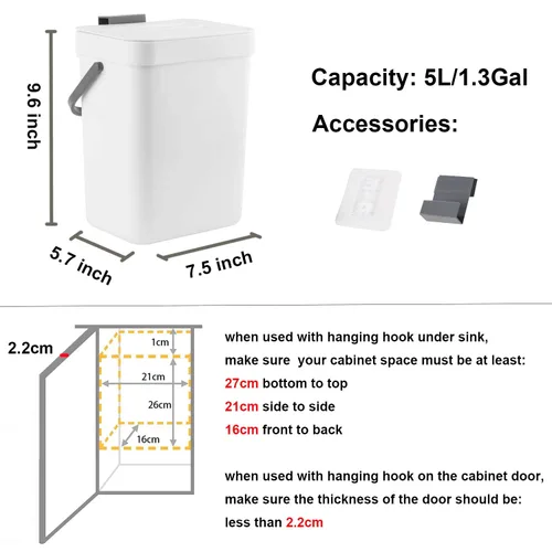 Miniatura 6 de LALASTAR Contenedor de Compost para Cocina Interior Sellado, Pequeño Cubo de Basura Colgante con Tapa Debajo del Fregadero para Cocina, Contenedor