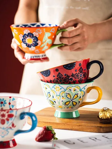 Miniatura 4 de Tazas de café de cerámica de gran capacidad pintadas a mano con patrón floral – Tazas jumbo, té, leche, cereales, taza de desayuno, juego de 4 – 14