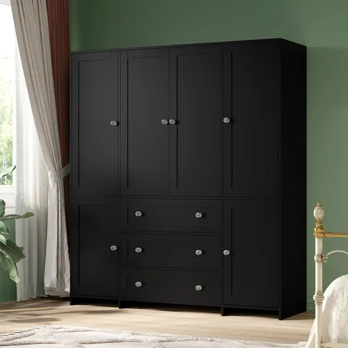 VOWNER Armario de clóset con cajones y espejo, gabinete de almacenamiento de ropa de 71" con barra para colgar, armario de clóset de madera de 6