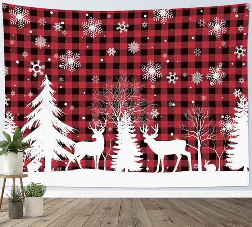 Miniatura 3 de HVEST Tapiz de nieve de invierno para colgar en la pared, diseño de ciervo y conejo blanco sobre fondo a cuadros rojos y negros, tapiz de copo