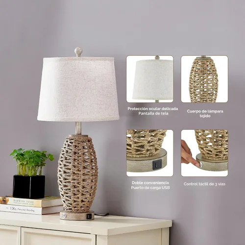Miniatura 6 de Juego de 2 lámparas de mesa de ratán natural de 27", interruptor táctil, lámparas de mesita de noche regulables de 3 vías, con puertos de carga USB