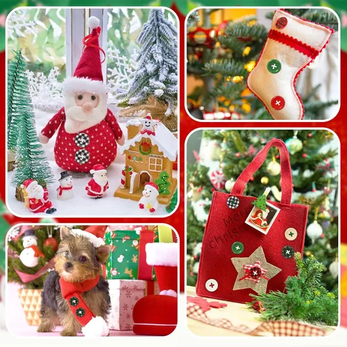 Miniatura 4 de JUNEBRUSHS 260 unidades Botones de madera de cuadro Buffalo de Navidad, 4 agujeros, redondos, para costura, botones de madera para calcetines Rojo