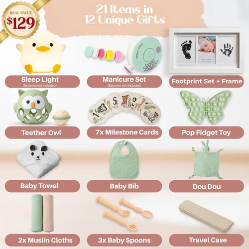 Miniatura 2 de Cesta de regalo para bebé de 22 piezas con elegante caja magnética de recuerdo, juego de regalo para bebé recién nacido para niño y niña, regalos