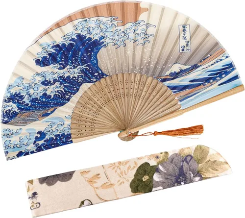 Miniatura 29 de Abanico plegable de seda y bambú, 8.27 pulgadas (21 cm), estilo retro, vintage, elegante y encantador, chino/japonés, regalo para mujeres y niñas
