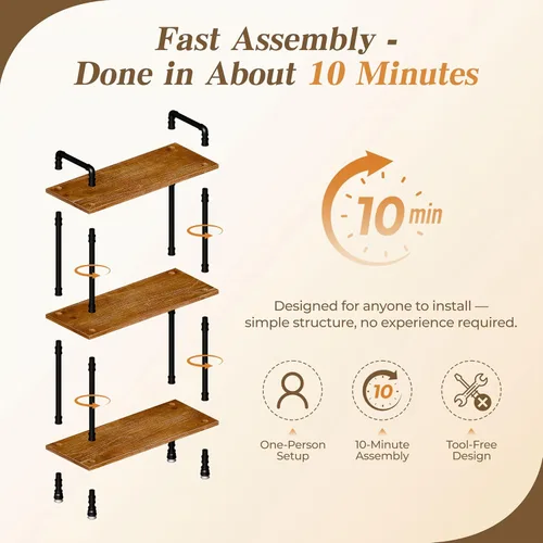 Miniatura 6 de Estantería industrial, estantería rústica abierta, estantería de madera y metal de 3 niveles, estante de almacenamiento de madera de pino maciza