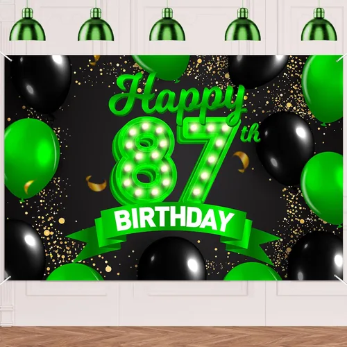 Miniatura 95 de Cartel de feliz cumpleaños 26 verde y negro, telón de fondo con texto en inglés "Cheers to 26 years old confeti", globos de confeti, decoración