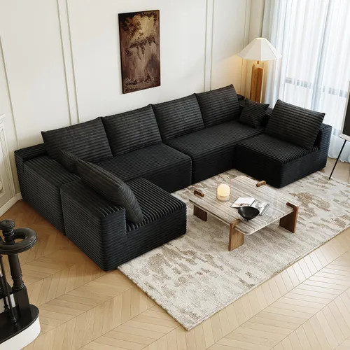 Miniatura 37 de Sofá seccional modular de 139.4", sofás minimalistas en forma de U con 2 otomanas chaise, sofá cama convertible moderno de asiento profundo, tela