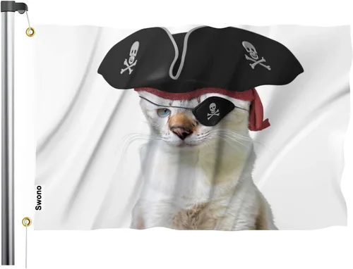 Swono Bandera de pirata de gato – 3 x 5 pies divertida calavera de animal con los ojos vendados bandera triangular capitán gatito capitán para