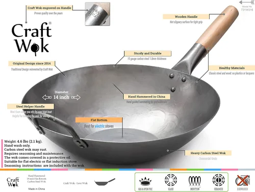 Miniatura 3 de Craft Wok Wok plano de 14 pulgadas con tapa, juego de tapa tradicional de acero al carbono martillado y cúpula para pow wok, parte inferior plana