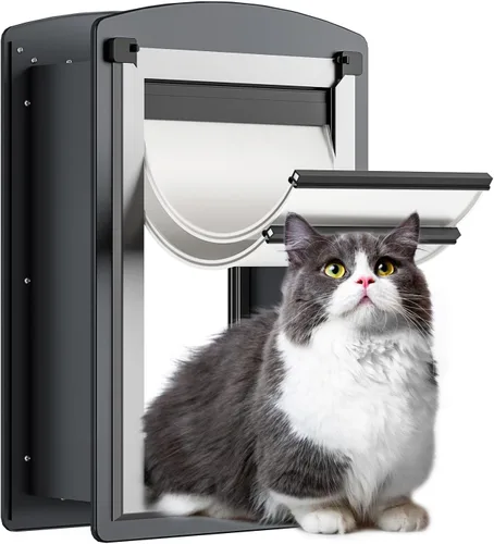 FreeStanding Puerta de gato para pared, puertas de gato con marco de acero con túnel telescópico, solapas dobles magnéticas y 2 paneles de bloqueo