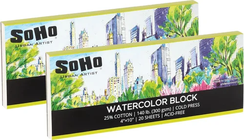 SoHo Urban Artist Bloque de acuarela de 4 x 10-140 libras, 20 hojas de prensa en frío, profesional, sostenible, sin ácidos