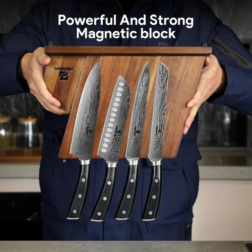Miniatura 4 de Piklohas Juego de cuchillos para cocina con bloque, 17 piezas con soporte magnético para cuchillos, acero inoxidable alemán de alto carbono