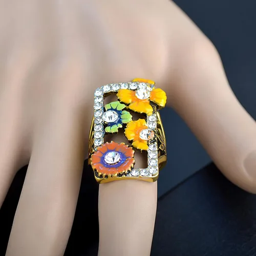 Miniatura 6 de Anillo ancho de resina esmaltada rectangular grande, anillo grueso floral de dedo completo, chapado en oro de 14 quilates, cuadrado grande, cóctel
