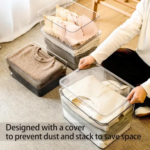 Miniatura 3 de Juego de cubos de almacenamiento de plástico con tapa, organizador de cesta de escritorio transparente, contenedor de cocina, ropa, armario, estante