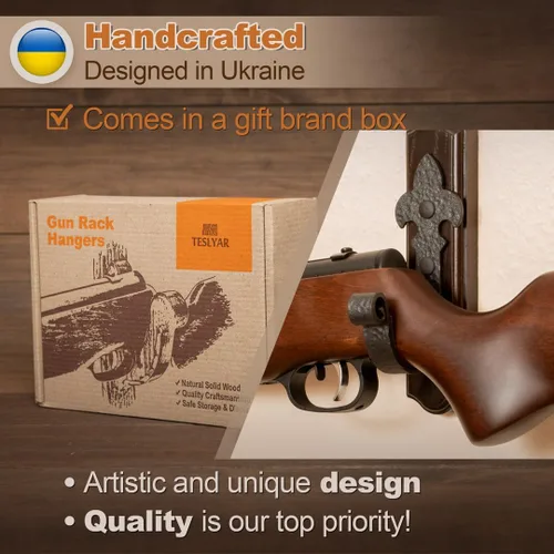 Miniatura 8 de TESLYAR Soporte de Pared para Armas – Montaje Horizontal de Armas en Pared con Ganchos de Metal – Soporte de Pared para Rifles – Soporte de Pared