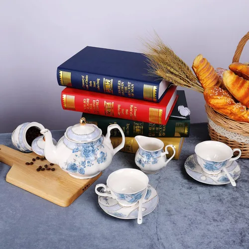 Miniatura 6 de fanquare Juego de té de porcelana con flores azules, juego de taza de té y platillo para 6, juego de té de boda con jarra de crema, juego de café