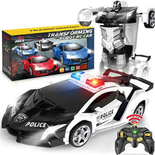 Dolanus Coche de policía a control remoto – Robot transformador de automóvil a control remoto, luz intermitente, 2.4 GHz, rotación de 360 grados,