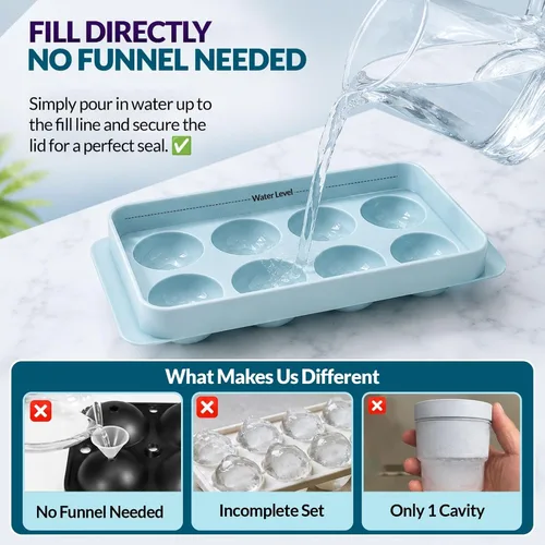 Miniatura 5 de Paquete de 3 bandejas para cubitos de hielo para congelador, máquina de hielo redonda grande para whisky, molde de hielo de 8 bolas con cubo