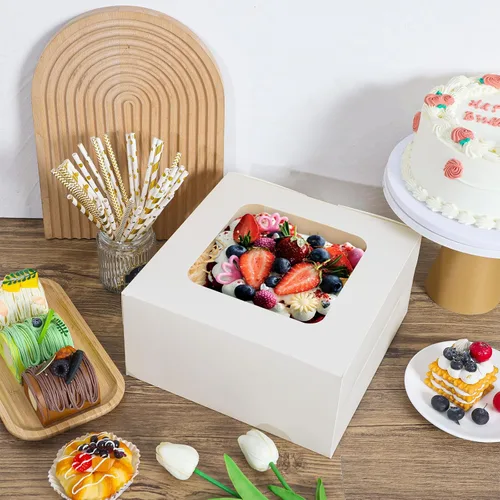 Miniatura 3 de Moretoes - 24 cajas de pastel blancas de 10 x 10 x 5 pulgadas cuadradas con ventana, cajas de panadería para pasteles, Día de la Madre, repostería