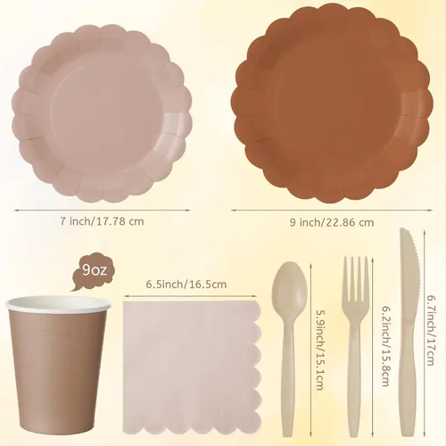 Miniatura 2 de Yaomiao Juego de vajilla desechable de 175 piezas de platos de papel marrón con cuchillo de plástico, cuchara, tenedor, cuchara, decoración de boda