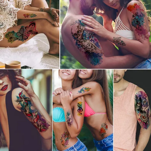 Miniatura 7 de JEEFONNA 86 hojas de tatuajes temporales, 14 hojas grandes de medio brazo de tatuajes falsos de flores, gato, búho y león, 72 hojas pequeñas